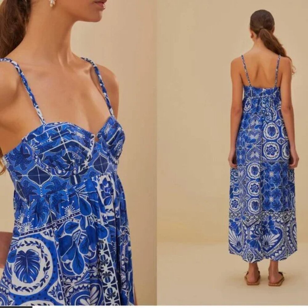 FARM Rio Blue Tile Dream Sleeveless Maxi Dress Size L Worn once